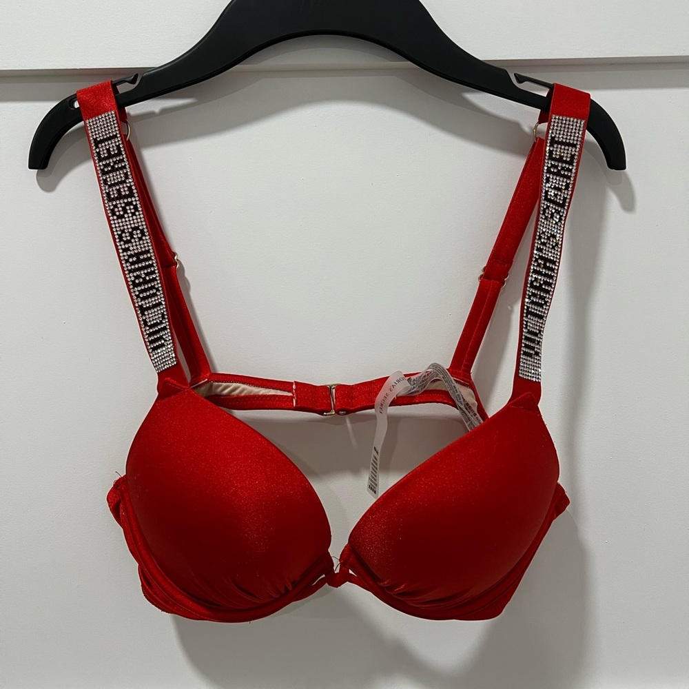 Victoria’s Secret Rhinestone Shine Strap Push-Up Swim Bikini Top Red 34A